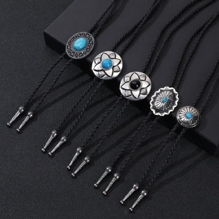 5Pcs Western Cowboy Vintage Flower Stone Pendant Bolo Tie Braided Leather Rope Cord Necktie Necklace Jewelry Neckwear