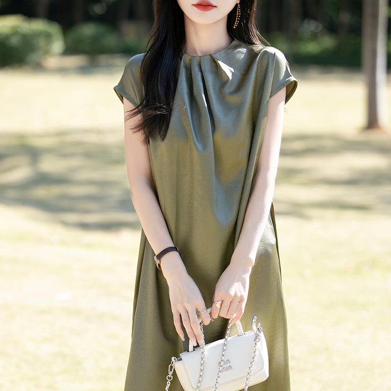 Silky Satin Minimalist French Summer Long Skirt Dress for Women