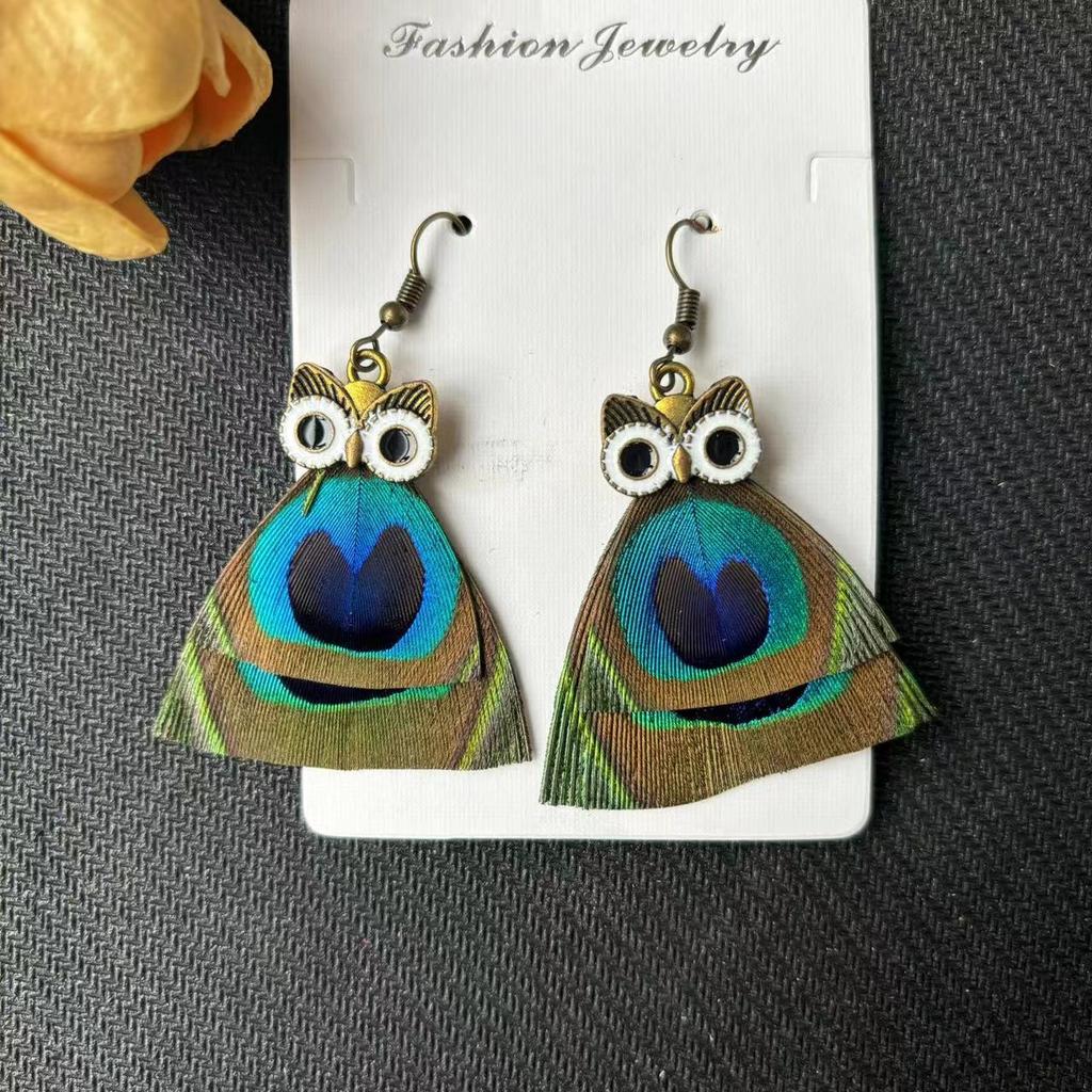 Vintage Cartoon Owl Peacock Feather Long Tassel Earrings Bohemian Ethnic Vacation Jewelry For Women