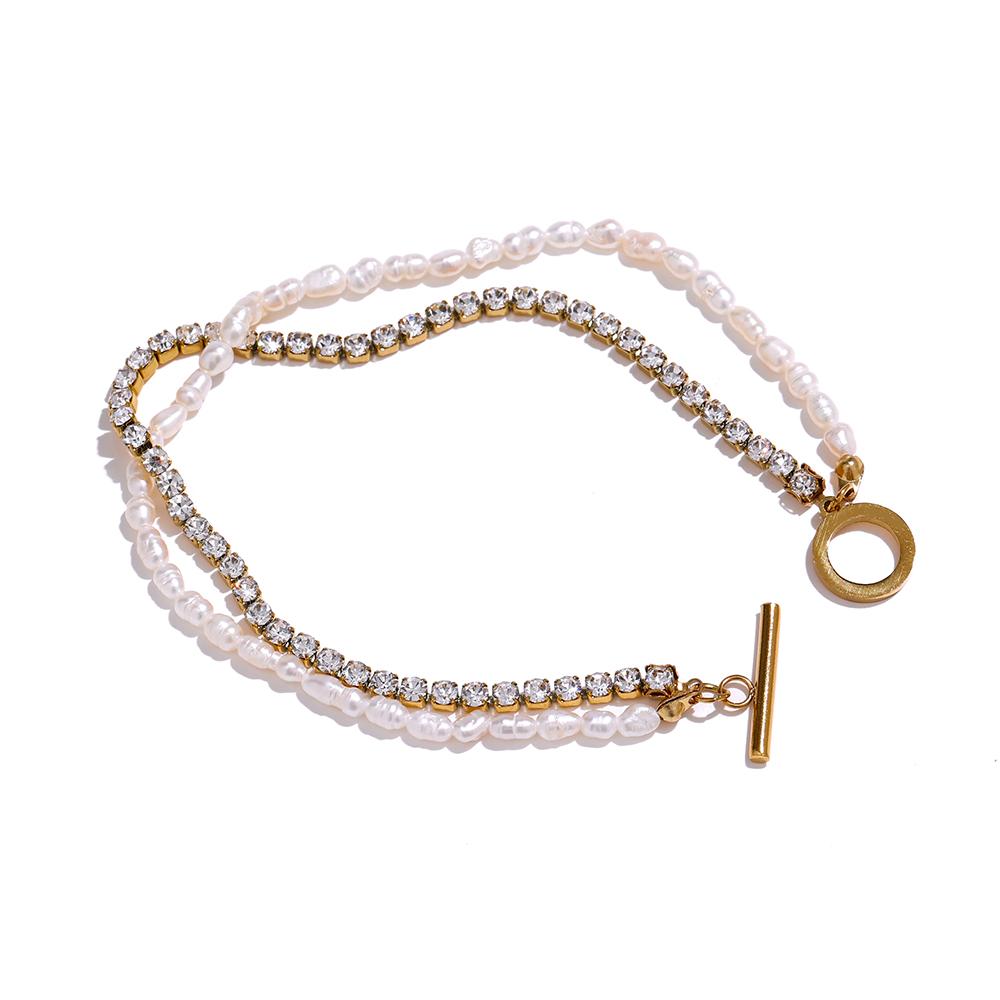 

Yhpup Stainless Steel Natural Pearl Chain Bracelet for Women Shiny Cubic Zirconia Layered Stylish Wedding Charm Jewelry Gift