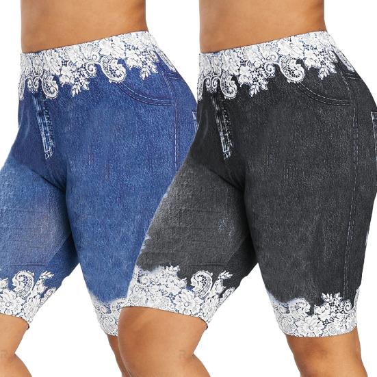 Women Fashion Lace Patchwork High Waist Leggings Denim Shorts Sports Minipants