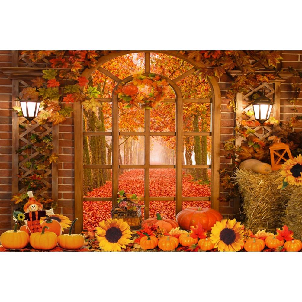 Autumn Forest Window Photography Backdrop Fall Maple Leaves Pumpkin Harvest Thanksgiving Kids Portrait Photo Background Decor