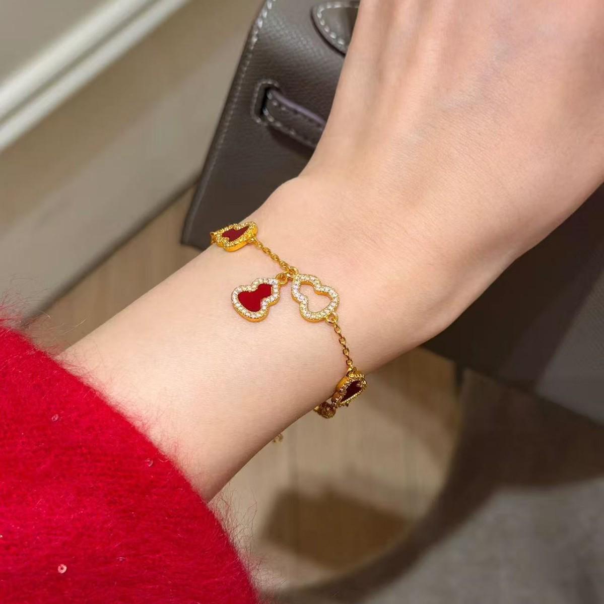 Korean Style Rhinestone & Red Agate Gourd Bracelet, Nickel Silver Plated with Gold - Elegant & Chic Design for Women