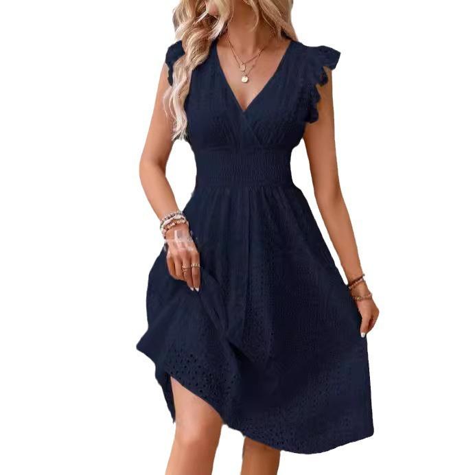 European and American summer new lotus leaf sleeves elegant and thin V-neck women's clothing fashionable large-size hollow dress children