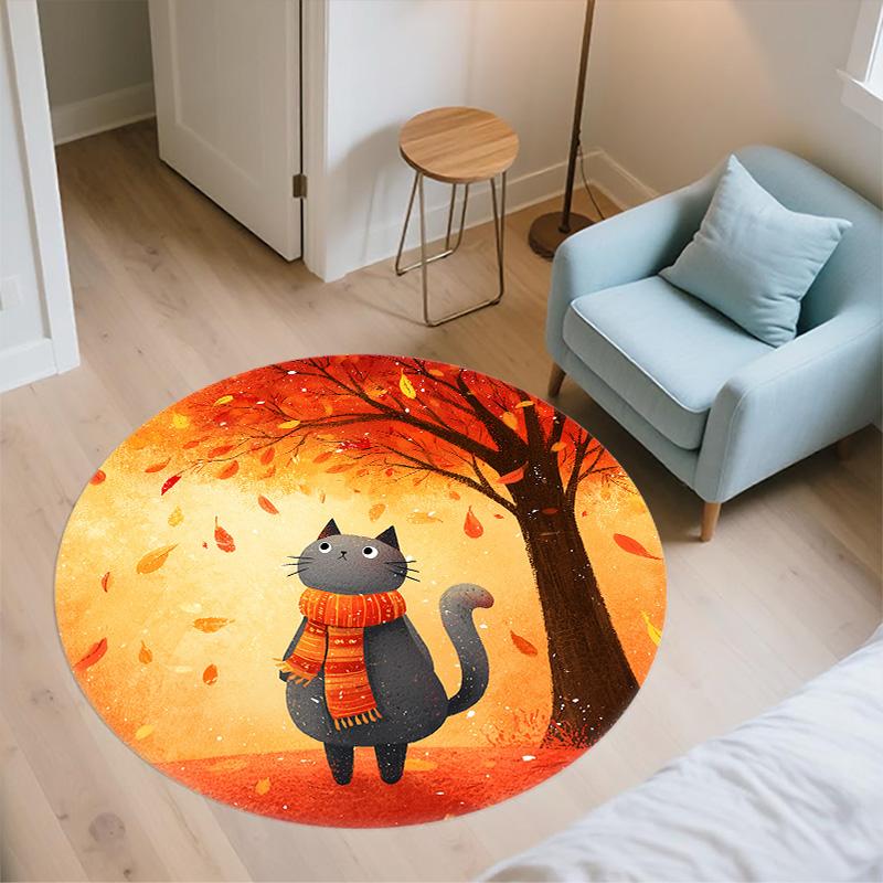 Cat with Leaf Scarf,Round Area Rug,Carpet Rug for Living Room Bedroom Sofa Playroom Decor,Non-slip Floor Mat