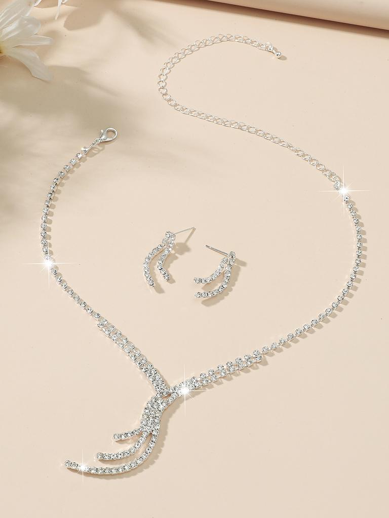 Fashion Rhinestone Love Necklace Earrings Set, Shiny Bridal Necklace Earrings