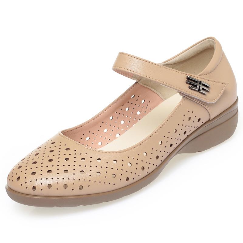 Echt Lederen Geperforeerde Sandalen voor Dames, Zachte Zool, Uitgesneden, Antislip, Comfortabele Grote Maten Schoenen voor Vrouwen van Middelbare Leeftijd