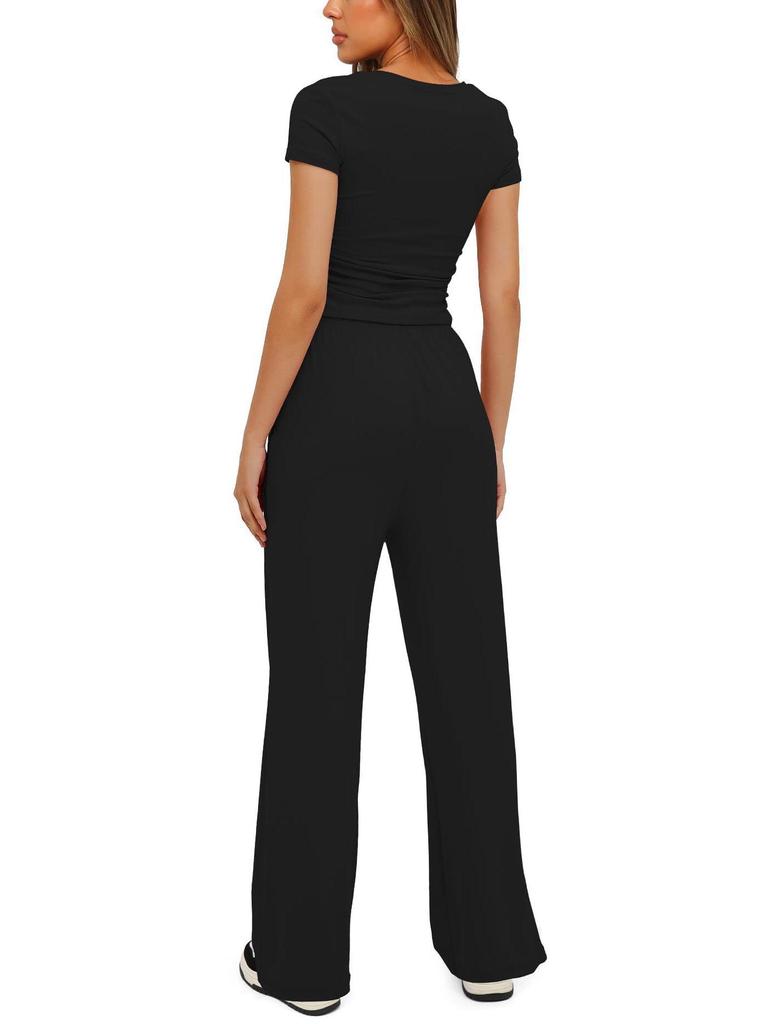 2024 Solid Color Casual Set: Ruffle Sleeve Top & High Waist Wide-Leg Pants Sportswear