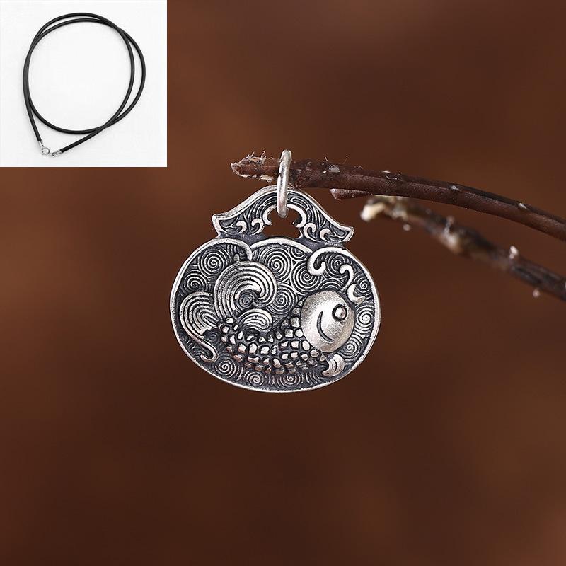Women s Good Luck Koi Fish Pendant, S999 Sterling Silver Ethnic Retro Necklace, Year After Year Prosperous Fish Sweater Chain