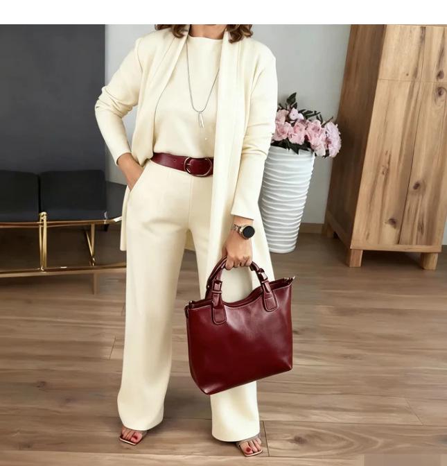 2025 Women's Solid Color Round Neck Long Sleeve Top and Belted Pants 3-Piece Set