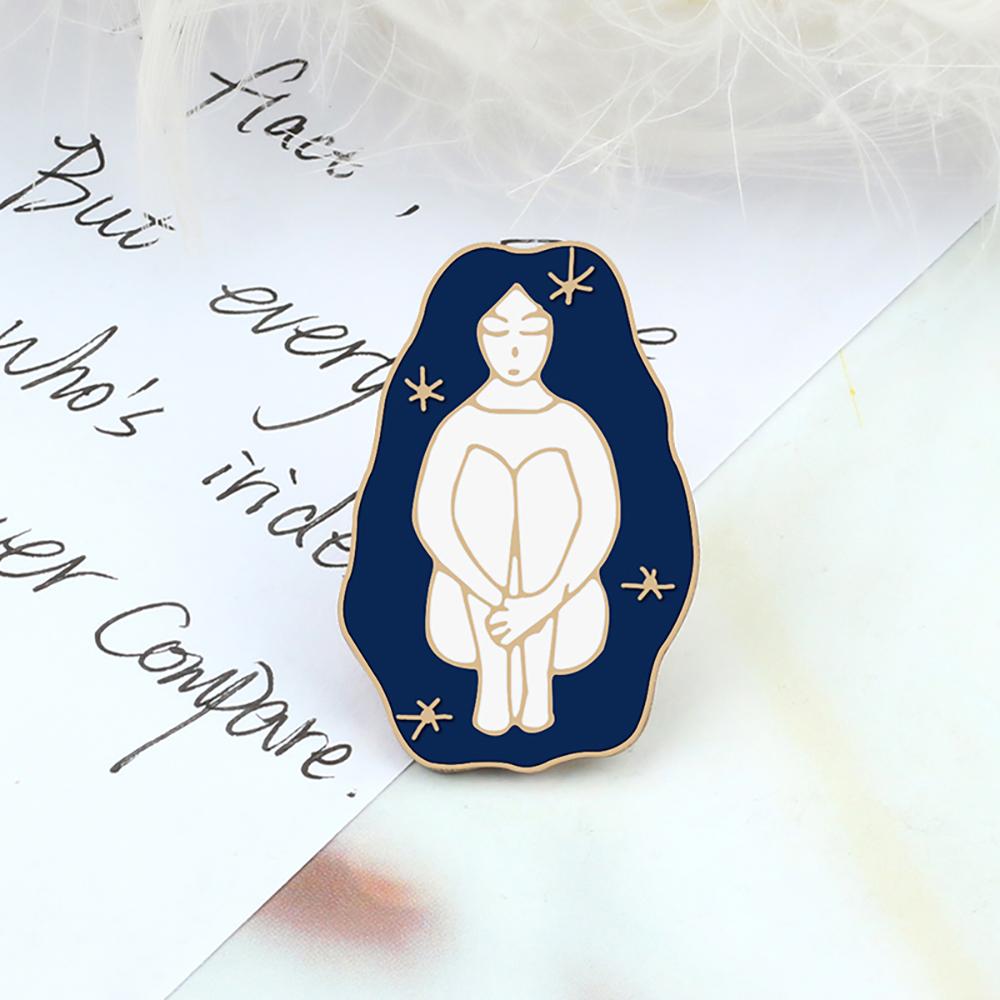 Creative Cartoon Enamel Pins Elegant Girl Blue Wishing Bottle Brooches Jewelry Long Haired Beauty Star Sky Bag Lapel Badge Gift
