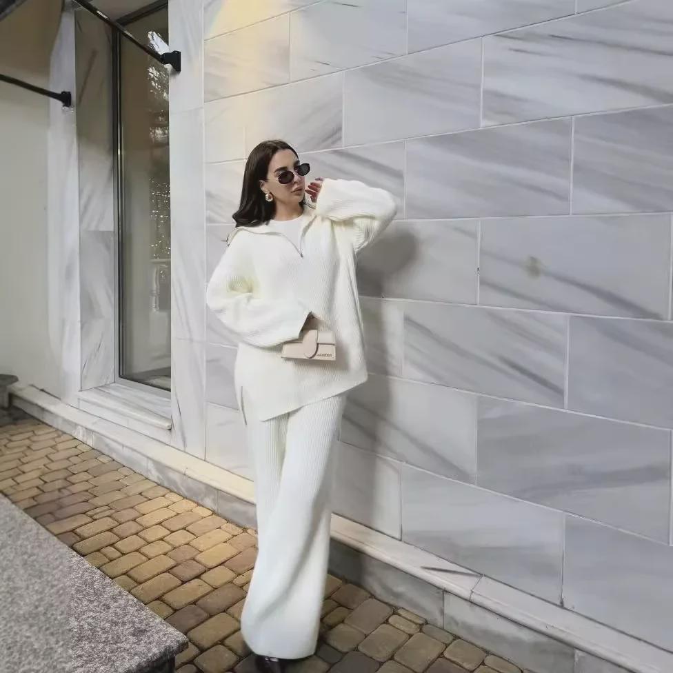 Women's Knit Two-Piece Set: Lazy Style Loose Sweater High-Waist