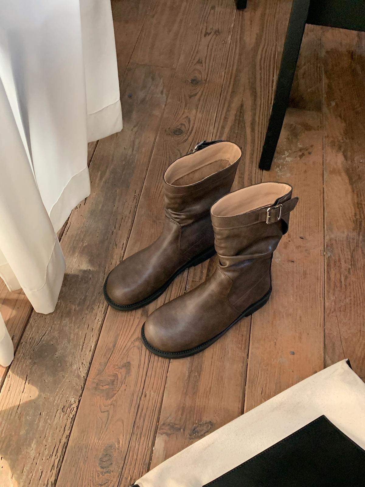 

Cowhide~ Grape Mom retro round head belt buckle pleated pile medium boots thick heel thick sole knight boots short boots women 40