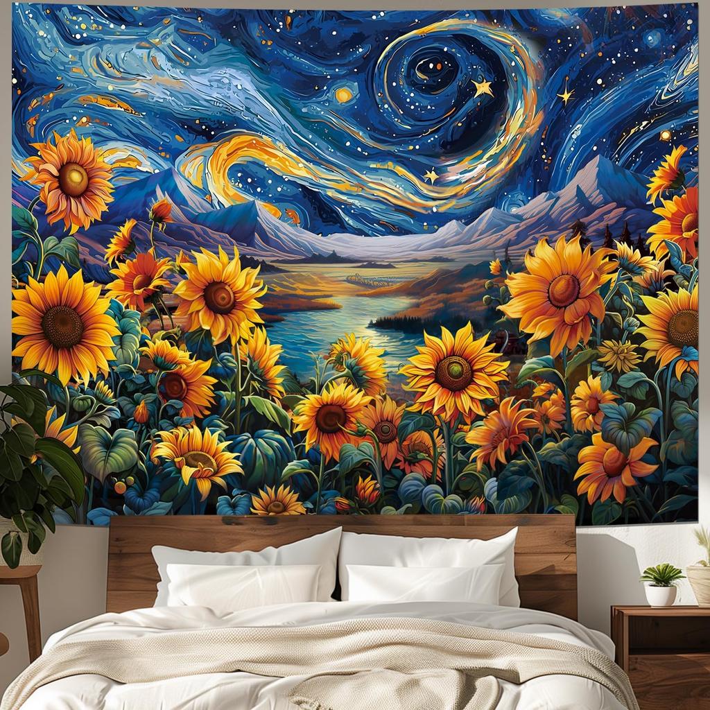 Yuiqear Sunflower Starry Sky Tapestry Galaxy Space Tapestries Mysterious Mountain River Wall Decor Fantasy Landscape Tapestry for Bedroom