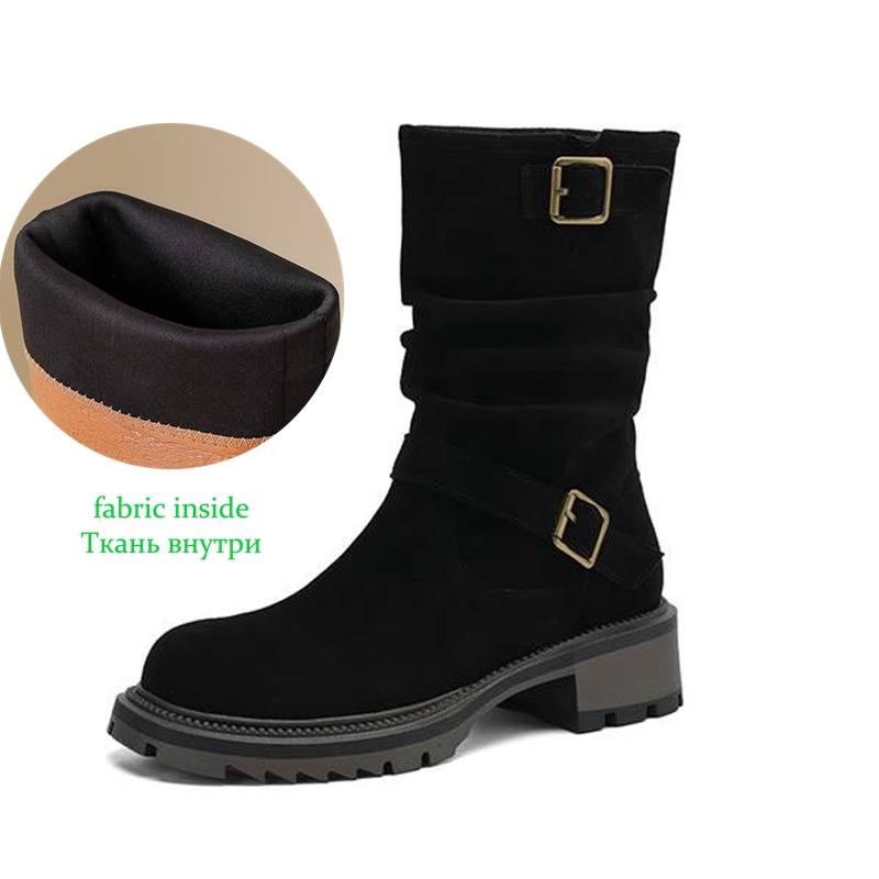Krazing Pot Cow Suede Nubuck Winter Round Toe Western Boots Med Heels Slip On Metal Buckles Women Mid-calf Boots