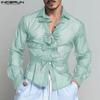 INCERUN Men Long Sleeve Bow Knot Mesh Sheer Hollow Out Party T-shirts Tops