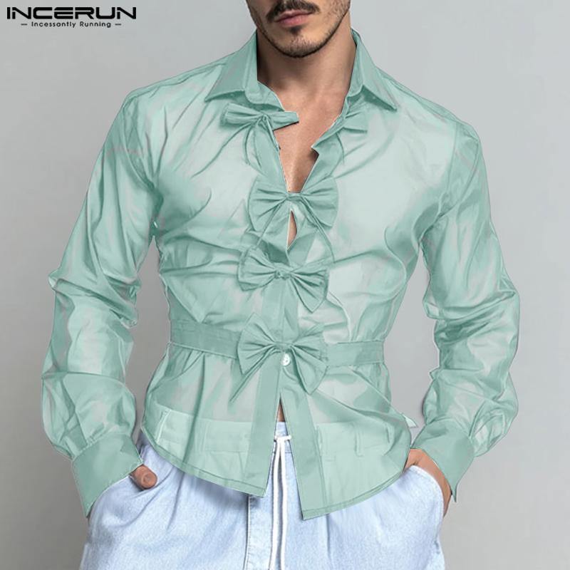 INCERUN Men Long Sleeve Bow Knot Mesh Sheer Hollow Out Party T-shirts Tops