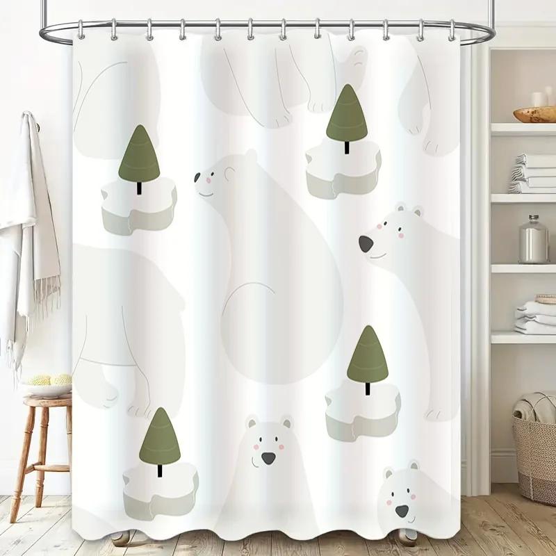 Home Decor Shower Curtain featuring Cute Polar Bears White Waterproof Fabric Bathroom Decoration for Children's Room or Nursery