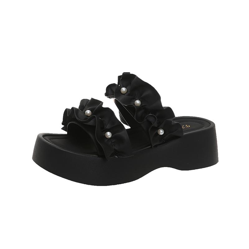 

Platform Wedge Sandals Women s Fashion Round Toe Open Toe Lace Pearl Slip with Platform Anti-Slip Wear-Resistant High Heels 40 чорний