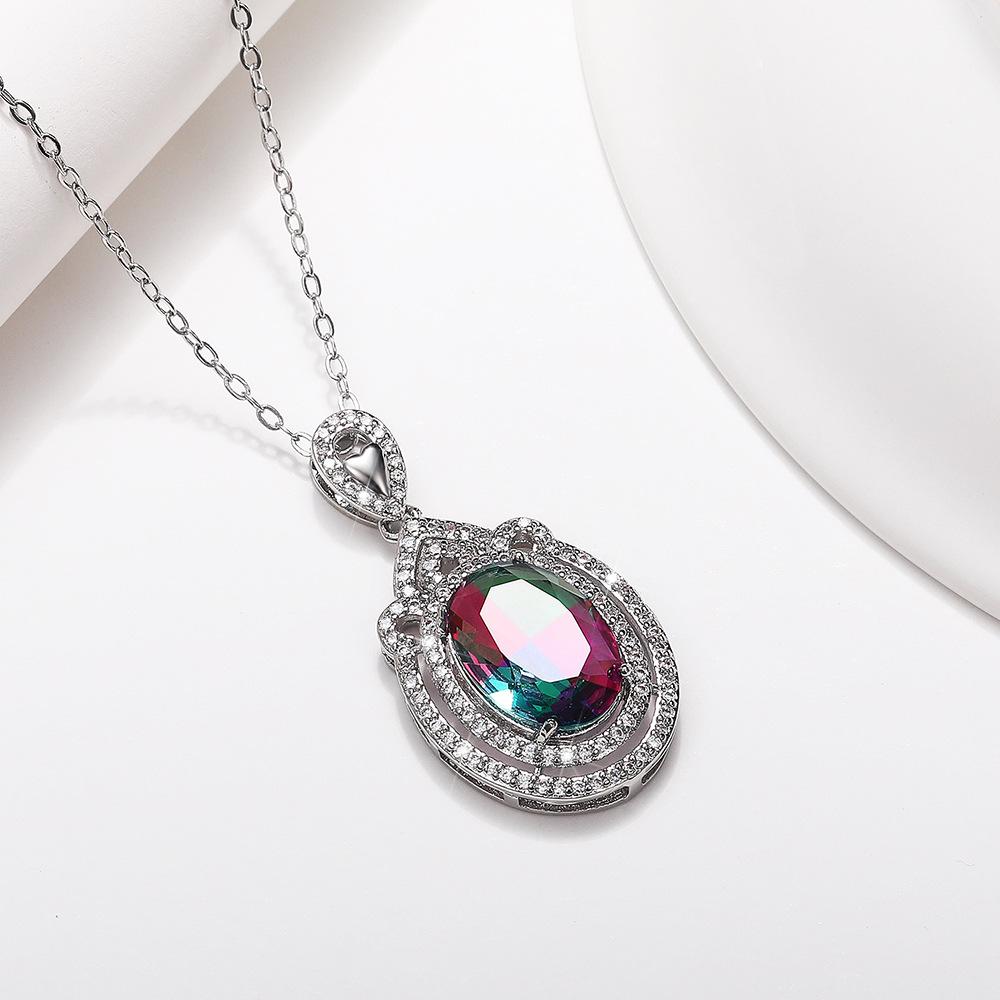 Silver Plated Oval Cut Rainbow CZ Pendant Necklace, Double Halo Cable Chain Necklace for Women