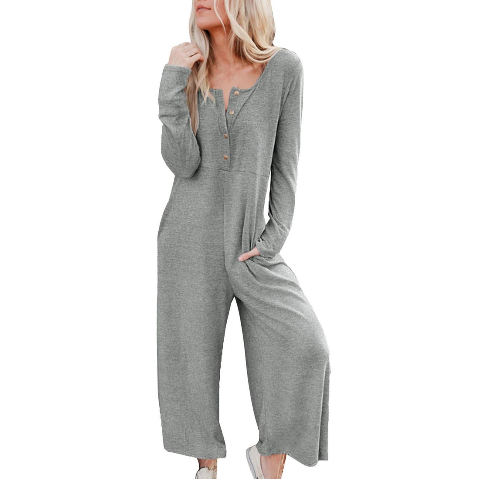 

Women s Fashion Loose Casual Long Sleeve Button Pocket Colour Wide Leg Jumpsuit XL