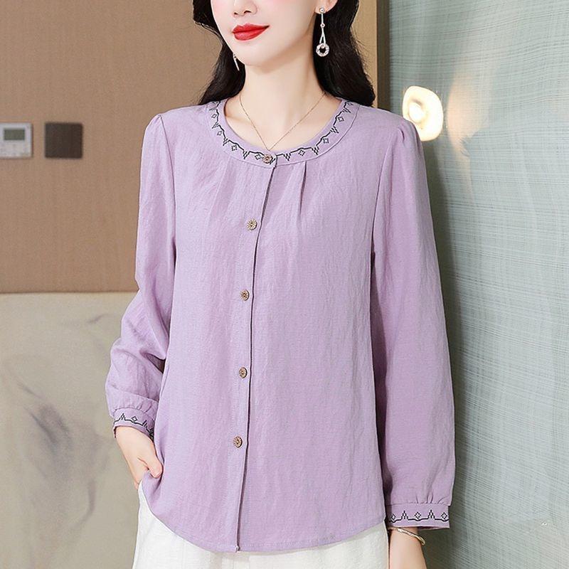 High-end Temperament Age-reducing Embroidered Cotton and Linen Shirt for Women Early Autumn New Loose and Versatile