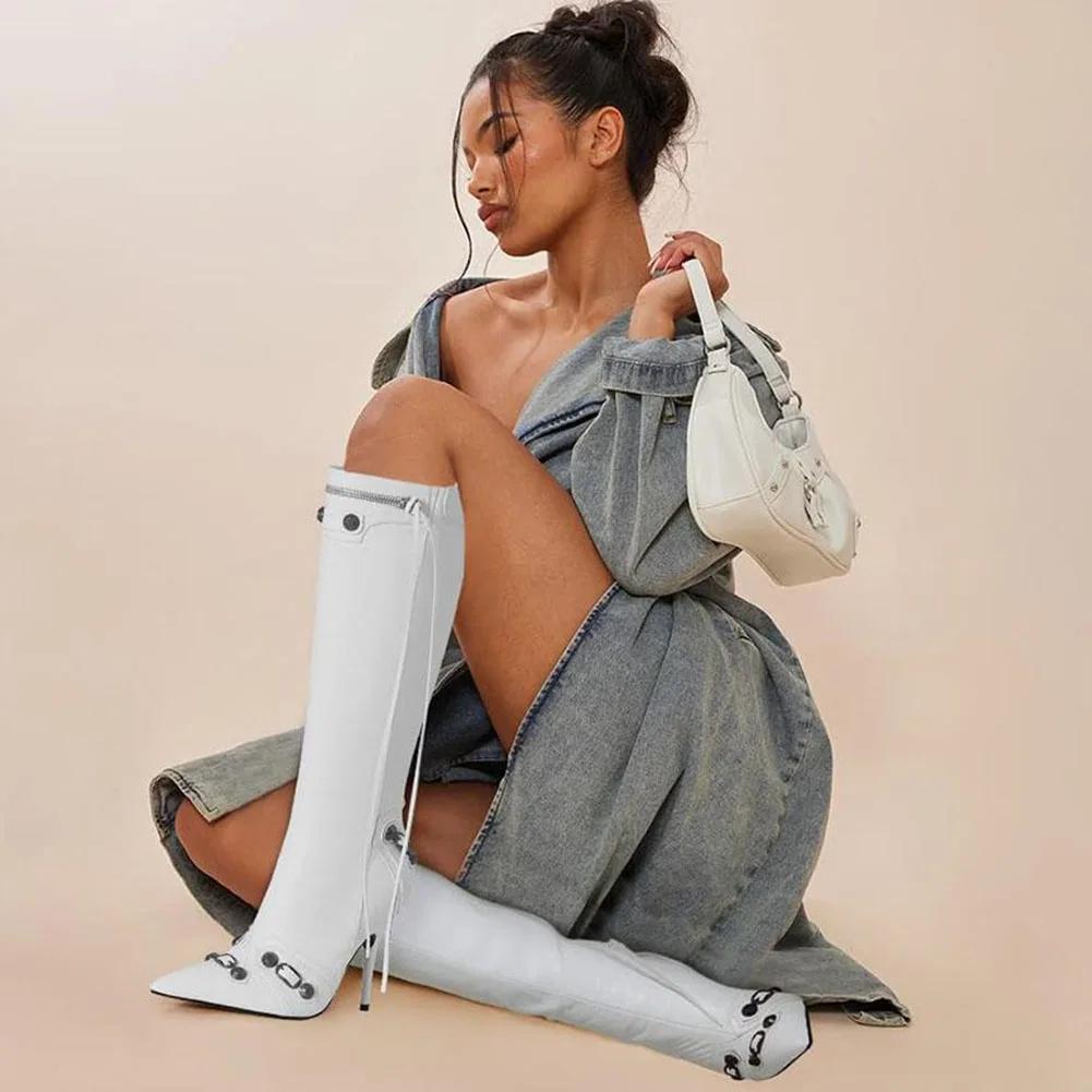 Fashion Sexy Knee High Boots 2024 Winter Boots Brand Design Super High Thin Heels With Rivet Retro Fashion Cool Women Shoes Big Size 46