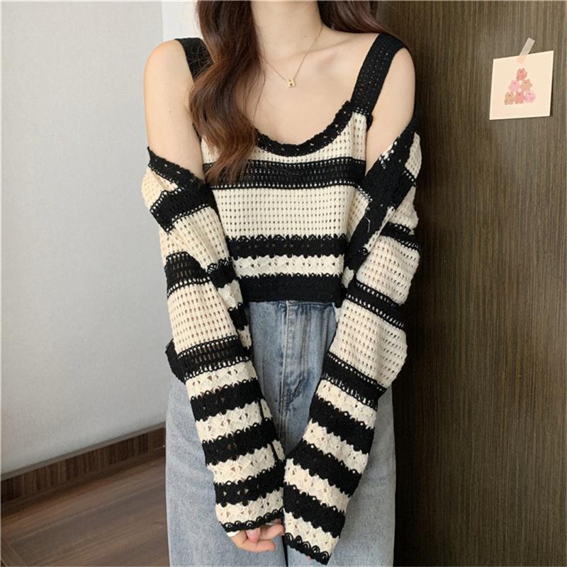 Hulstripet strikket cardigan suspendel Todelt dress Kvinners allsidig genserjakke løs toppdress med rund hals