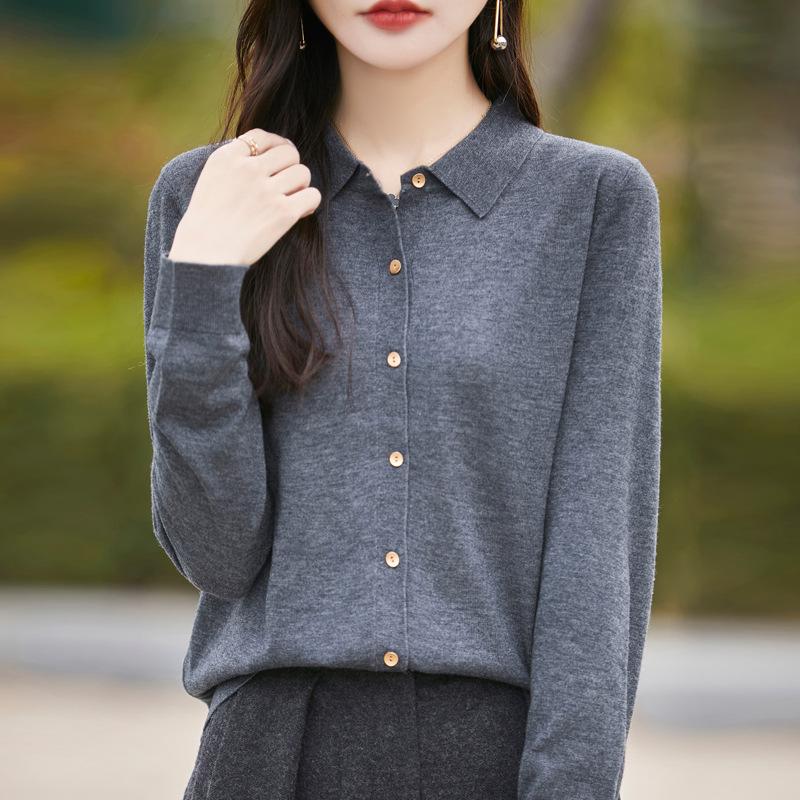 Worsted Wool PO Neck Knitted Cardigan Spring New Solid Color Loose Versatile Top Jacket Women