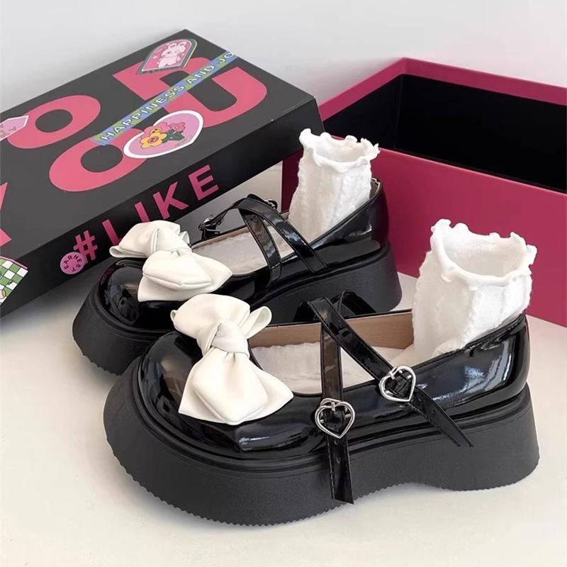 JK Small Leather Shoes Women's Spring and Autumn Platform Muffin Bow New Round Head Mary Jane Shoes