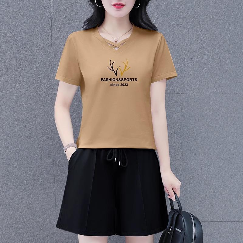Women's Crew Neck Short Sleeve Letter Print Loose Fit Cotton Tracksuit Short Sleeve Top Elastic Waist Short Pants