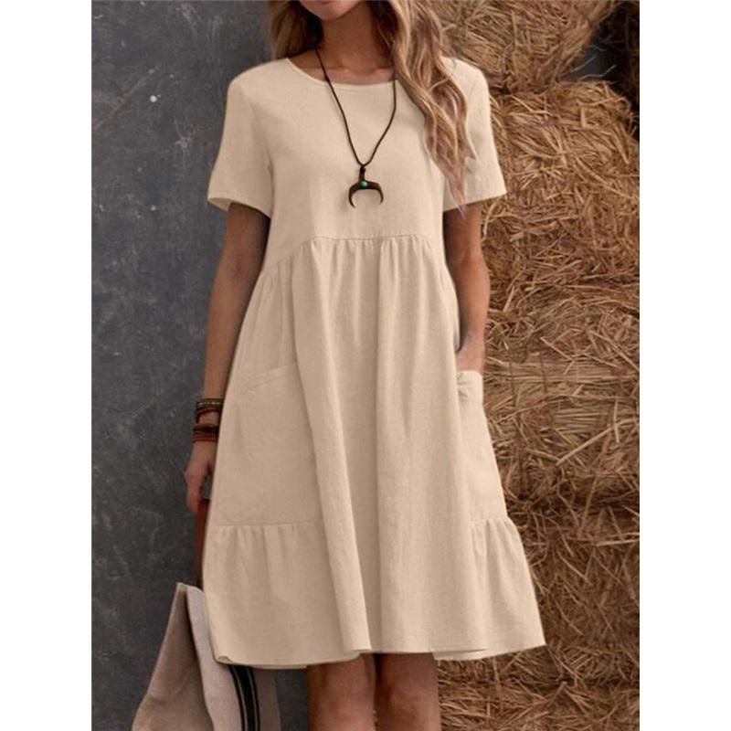 Summer European And American Ladies Loose Pockets Solid Color Round Neck Women's Cotton And Linen Dress Loose Casual Simple Elegant Daily Long Skirt