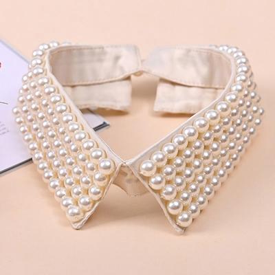 Women Retro Handmade Beading Faux Pearls Layers Bib Lapel Fake Collar Jewelry Detachable Necklace Choker Cloth Accessory