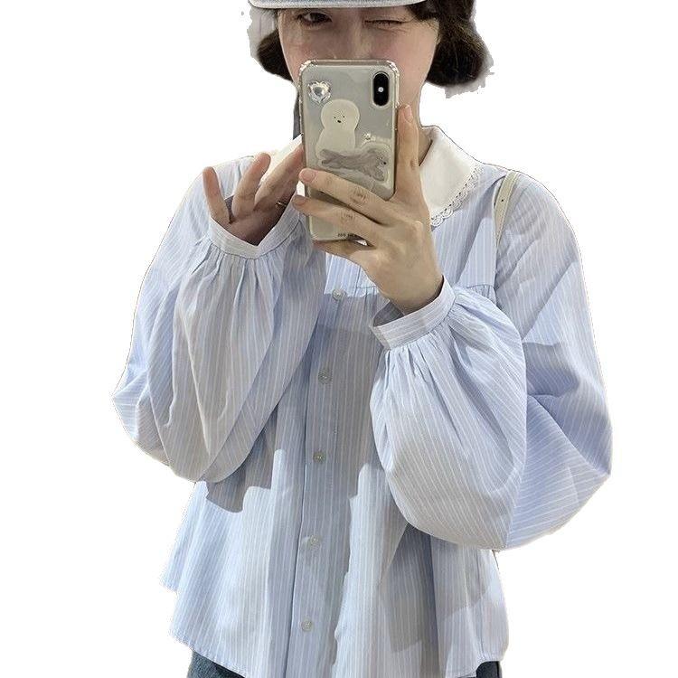 Japanese-style soft French striped shirt for women, loose doll collar shirt for spring and autumn, designed niche and youthful top