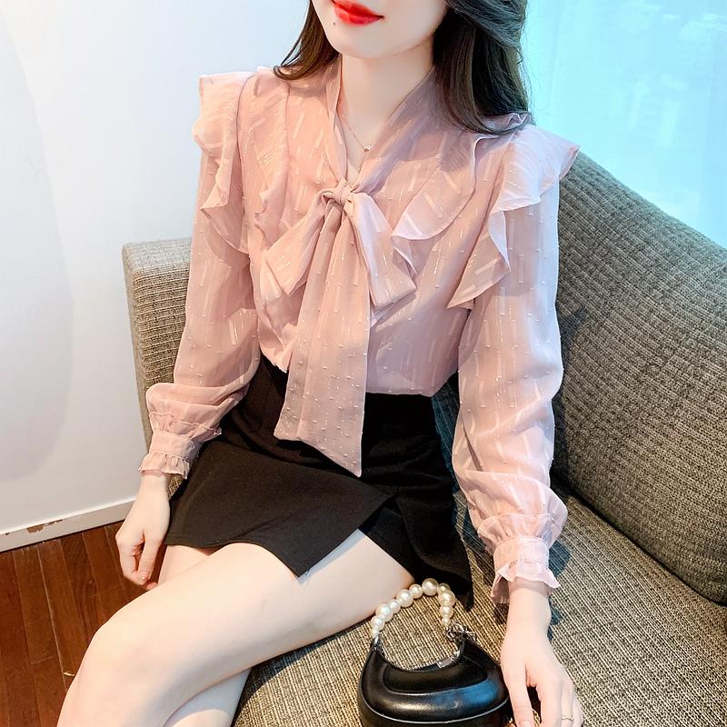 Fashion New 2024 Autumn Long Sleeve Bow Collar Casual Pink Ruffles Chiffon Blouse Shirt Women Tops Blouses Shirts J539