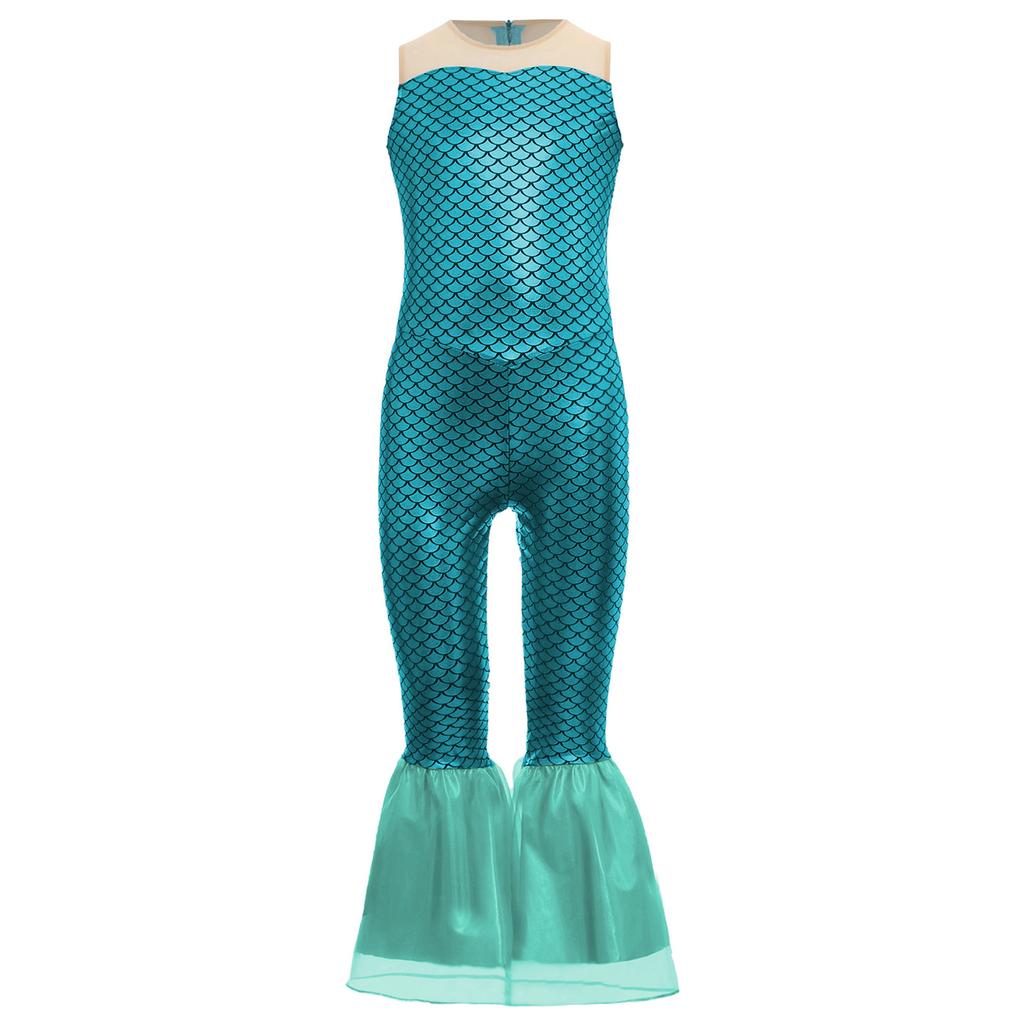 Girls Mermaid Cosplay Costume Sleeveless Flared Jumpsuit Fish Scales Design Halloween Party Outfit