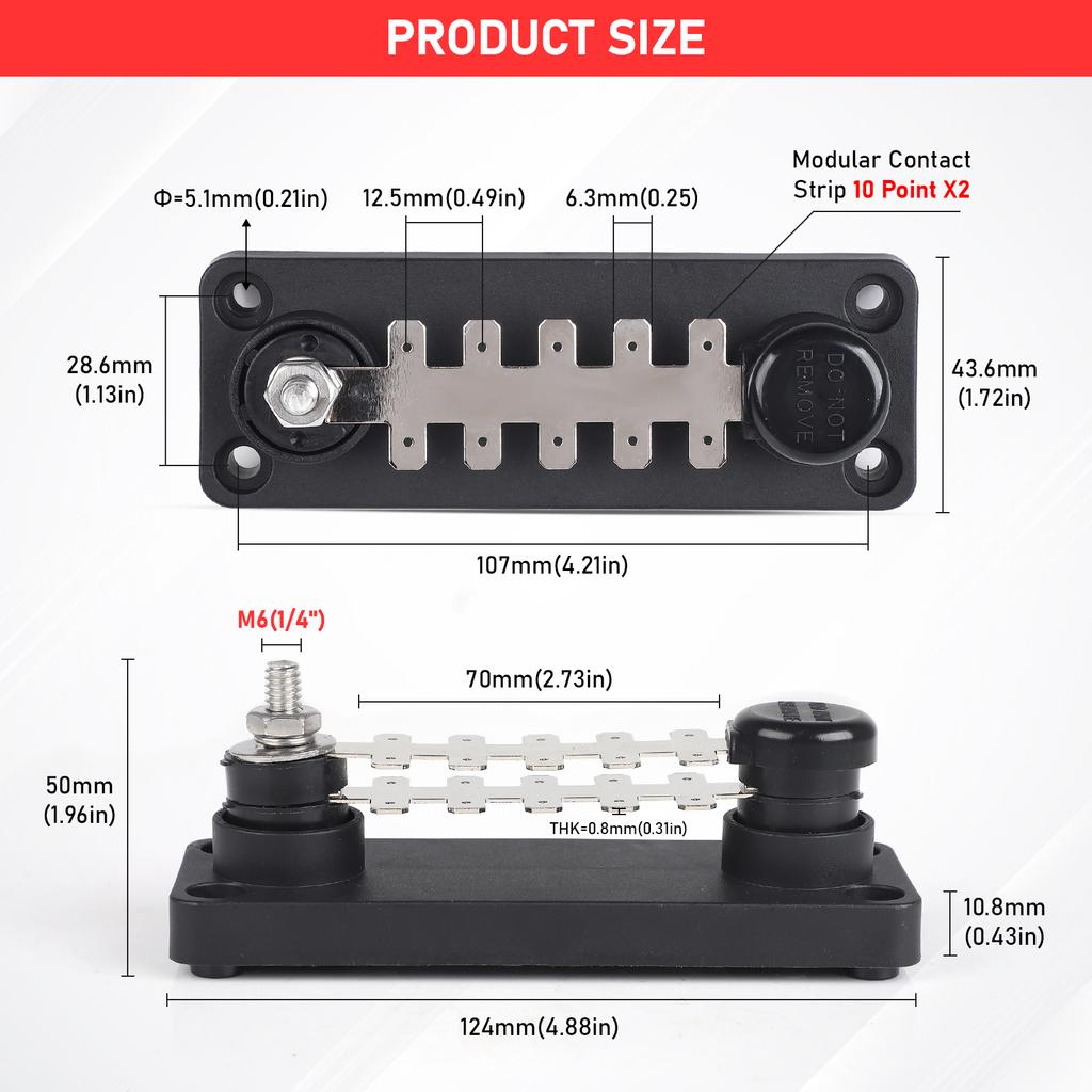 Marine Grade Tab Type Busbar -TTB710N02 20 Points 20A/55A 12V/48VDC Power Distribution Double-Layers Red/Black For Cars RV Boats