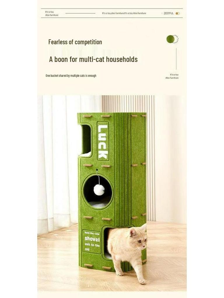 Wielopoziomowy zimowy drapak dla kota z zamkniętym legowiskiem i dwupoziomową deską do drapania