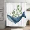 Blue Whale Shower Curtain Bath Rug Decorative Waterproof Print Fabric for Bathroom White Background with Green Seaweed Sea Stars