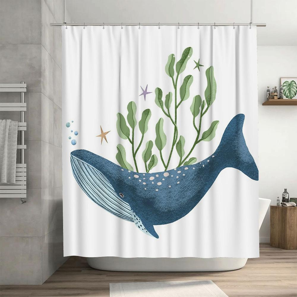 Blue Whale Shower Curtain Bath Rug Decorative Waterproof Print Fabric for Bathroom White Background with Green Seaweed Sea Stars