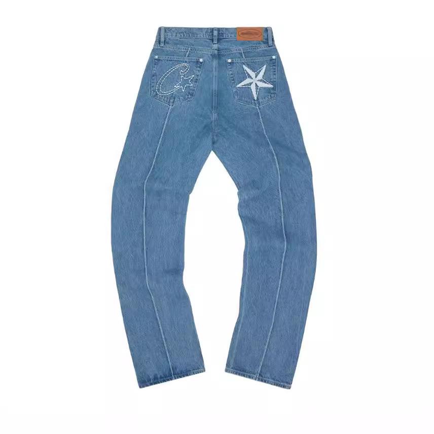 

Джинсы с вышивкой пятиконечной звезды, повседневные свободные джинсовые брюки в стиле Харадзюку в стиле Харадзюку для мужчин и женщин, брюки Y2k