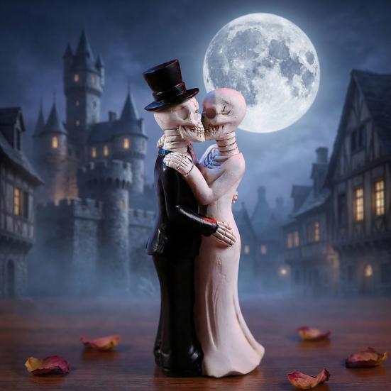 Kissing Skeleton Couple Figurine Wedding Skull Bride And Groom Sculpture Day of The Dead Gothic Resin Statue for Halloween Home Decor