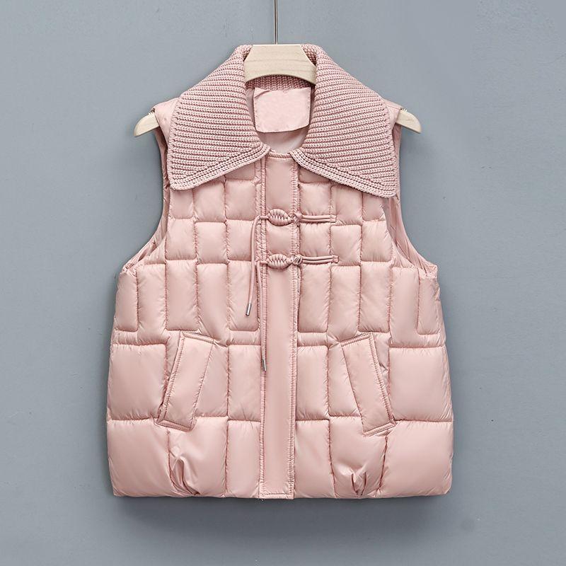Women's Down Vest with Knitted Lapel Patchwork Vest Outer Wear Button-up Cotton Vest Vest Jacket for Autumn and Winter