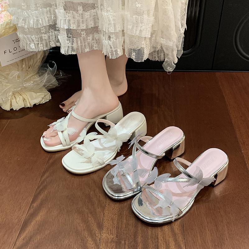 Fashion Butterfly Square Toe Women Slippers Summer Open Toe Shoes Woman Heeled Sandals 2025 Trend New Dress Pumps Shallow Chunky Slides