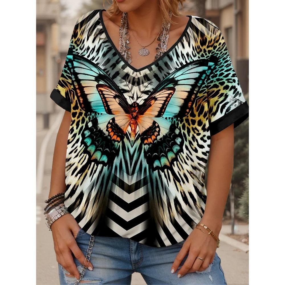 Ethnic Women's T-Shirt Vintage Graphics Fashion Short Sleeved V-Neck Regular Tops Daily Print Tee Summer Spring Casual Tops