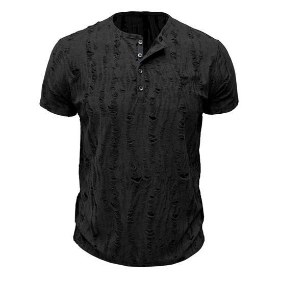 Summer Men Top Short Sleeves Round Neck Ripped Holes Buttons American Style Solid Color Shirt for Streetwear Daily Travel
