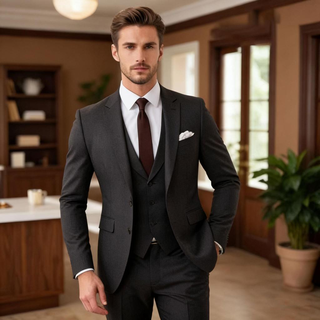 Dark Brown Suits for Men Fashion Single Breasted Solid Male Suit Fashion Business Casual Formal Wedding Party Tuxedo 3 Piece