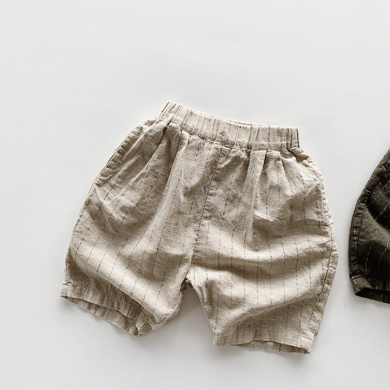

Детские шорты из хлопка и льна в вертикальную полоску - в японском корейском стиле, летние повседневные средней длины для мальчиков и девочек 90 cm кофейный/бежевый