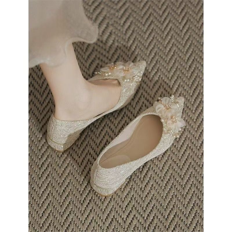 Low Heel Two Wear Pointed Thick Heel Shallow Mouth Single Shoes Flat Sole Not Tired Foot Single Shoes 2025 Spring and Summer Beautiful Flower Wedding