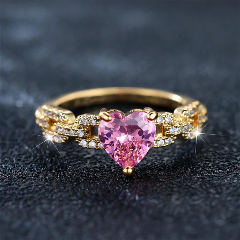

Cute Female Pink Zircon Stone Ring Trendy Yellow Gold Color Heart Engagement Rings For Women Bride Wedding Gift 10